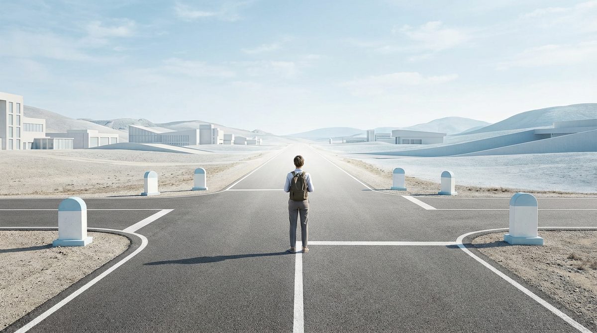 A person standing at a career crossroads, looking confidently forward