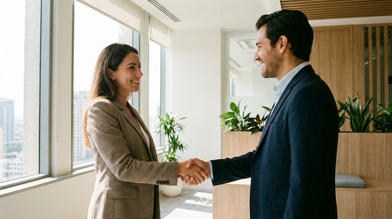 Successful job interview handshake in a bright modern office