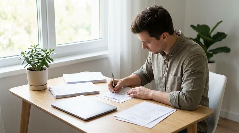 Person carefully writing and refining their resume at a tidy desk