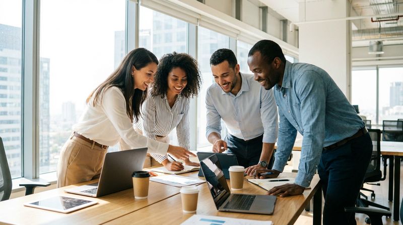 Diverse team of four professionals collaborating enthusiastically around laptops