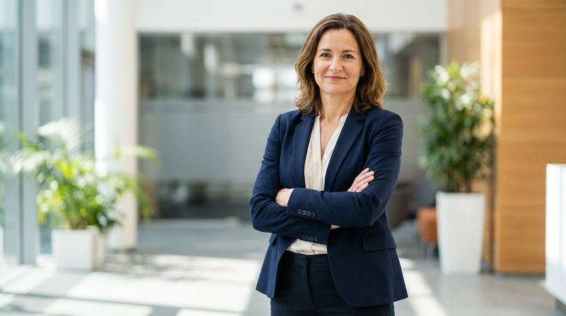 Confident professional woman standing with crossed arms in a bright office lobby