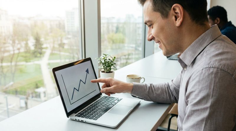Person pointing at an upward growth chart on a laptop screen in a bright workspace